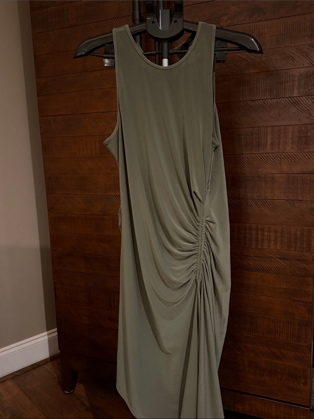 Asymmetric Ruched Mini Dress - Olive Green